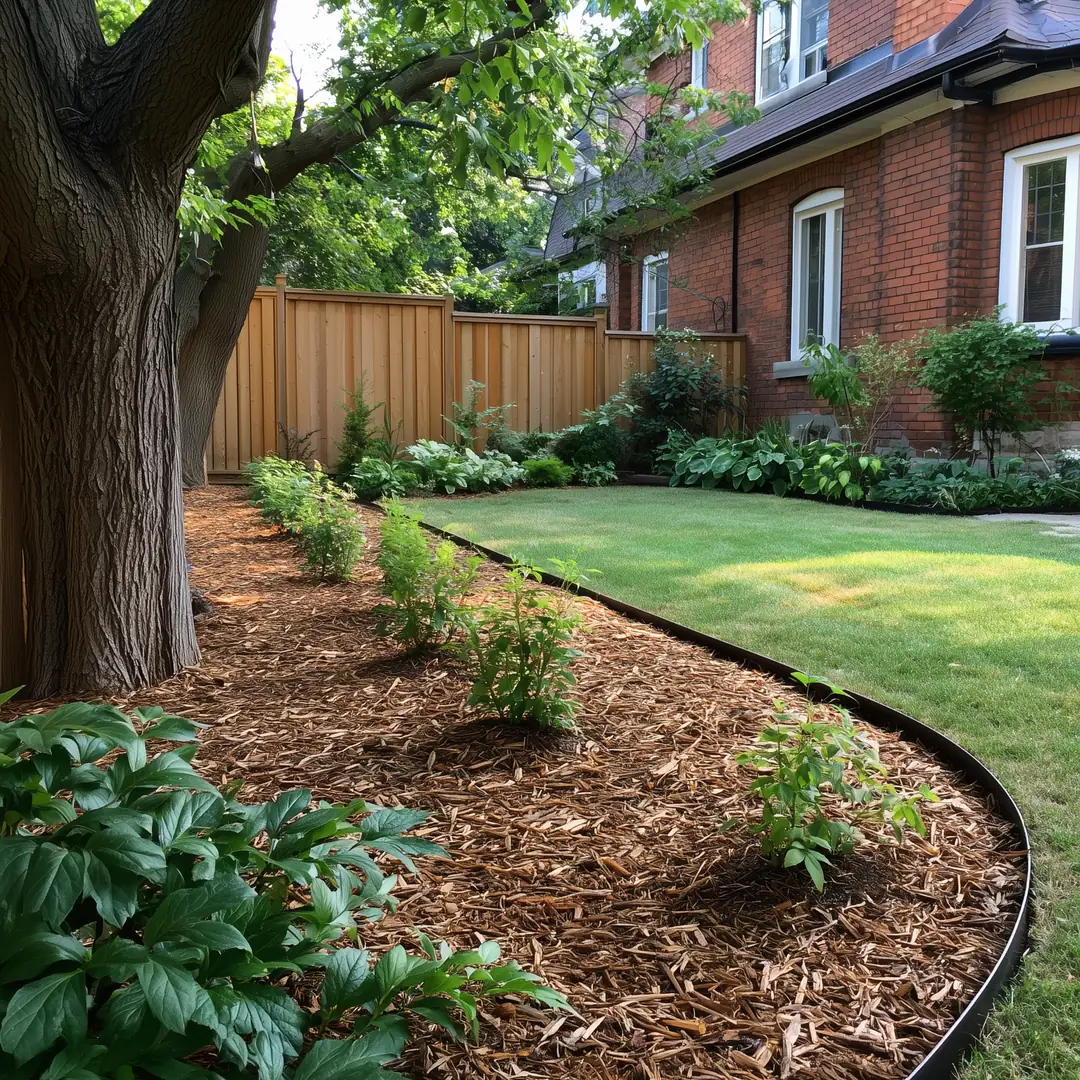 Restored garden bed with new steel edging, fresh mulch, and replanted perennials in Toronto