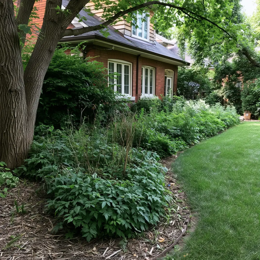 Overgrown weed-invaded garden bed with broken edging and depleted mulch in a GTA residential yard