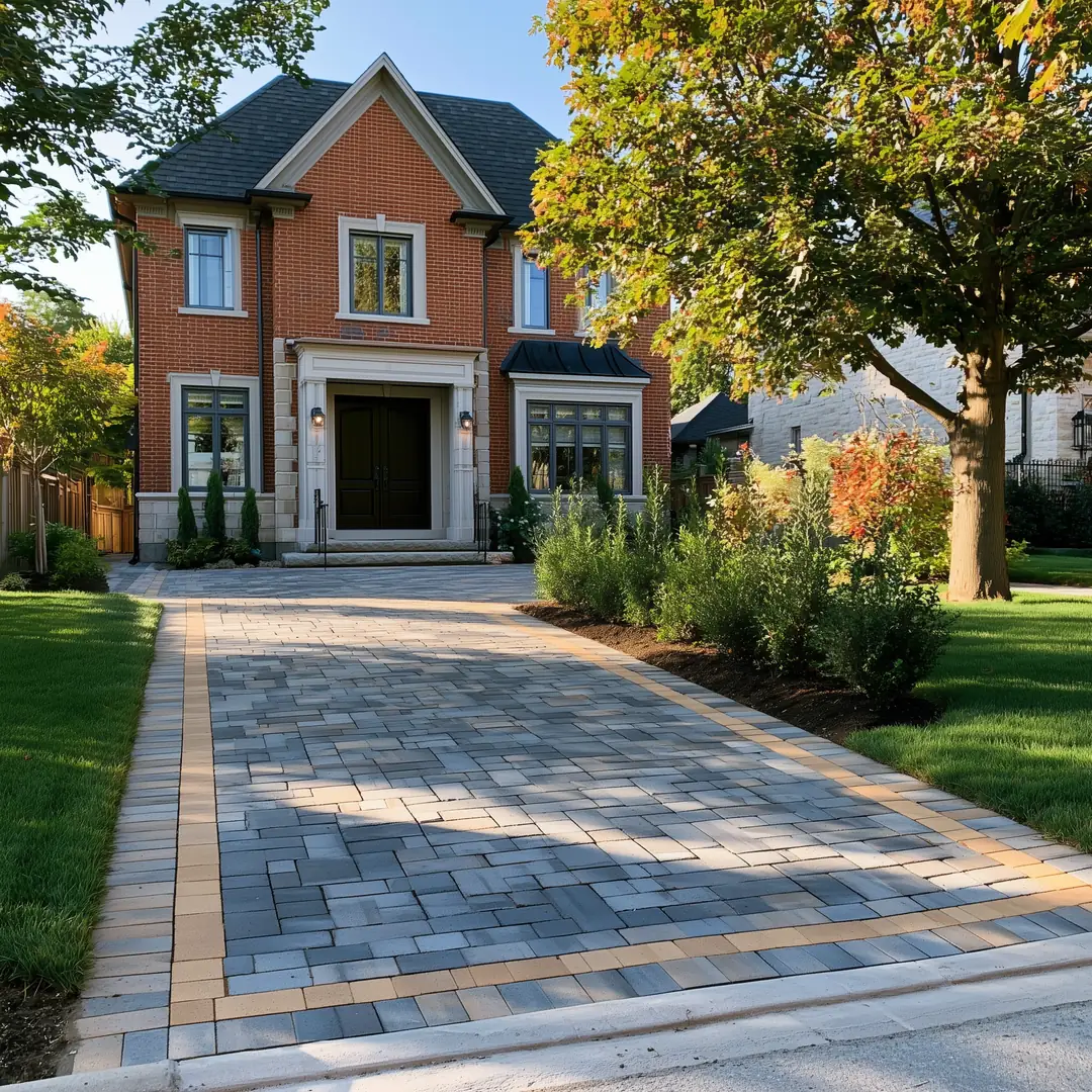 Completed charcoal interlock paver driveway with soldier course border and fresh landscaping in Richmond Hill