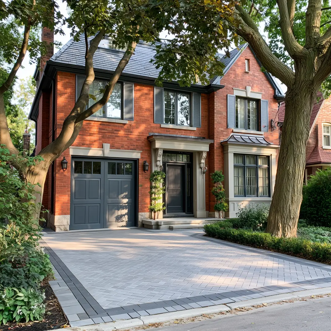 New herringbone interlock driveway with charcoal border replacing old asphalt at the same Toronto brick house