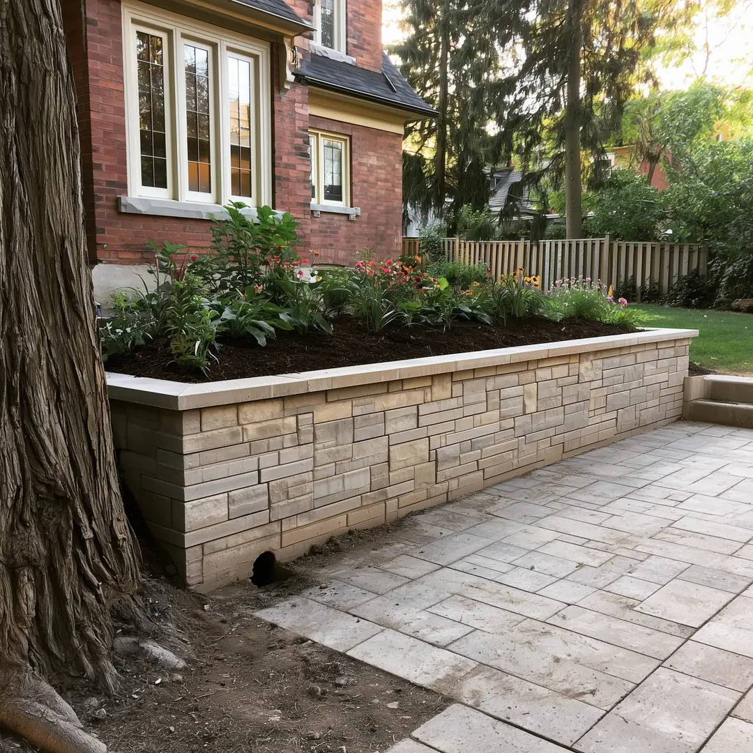 Rebuilt concrete block retaining wall standing plumb in a Toronto residential backyard