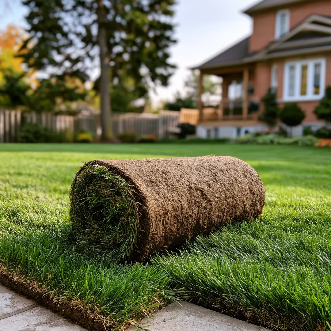 Freshly installed sod rolls laid tight edge to edge in a Toronto residential backyard