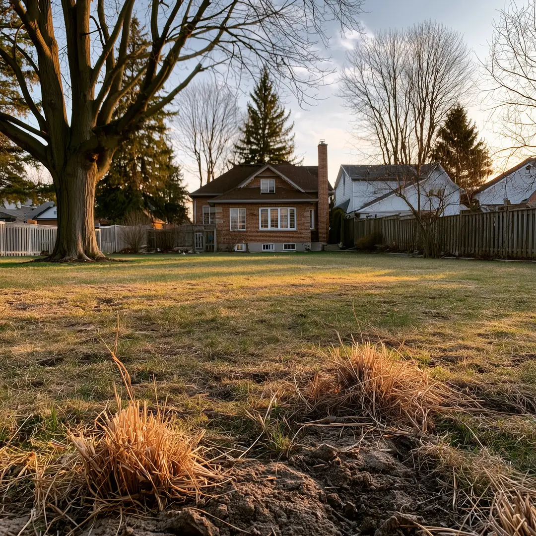 Bare patchy lawn with compacted clay soil in a GTA residential backyard before sod installation