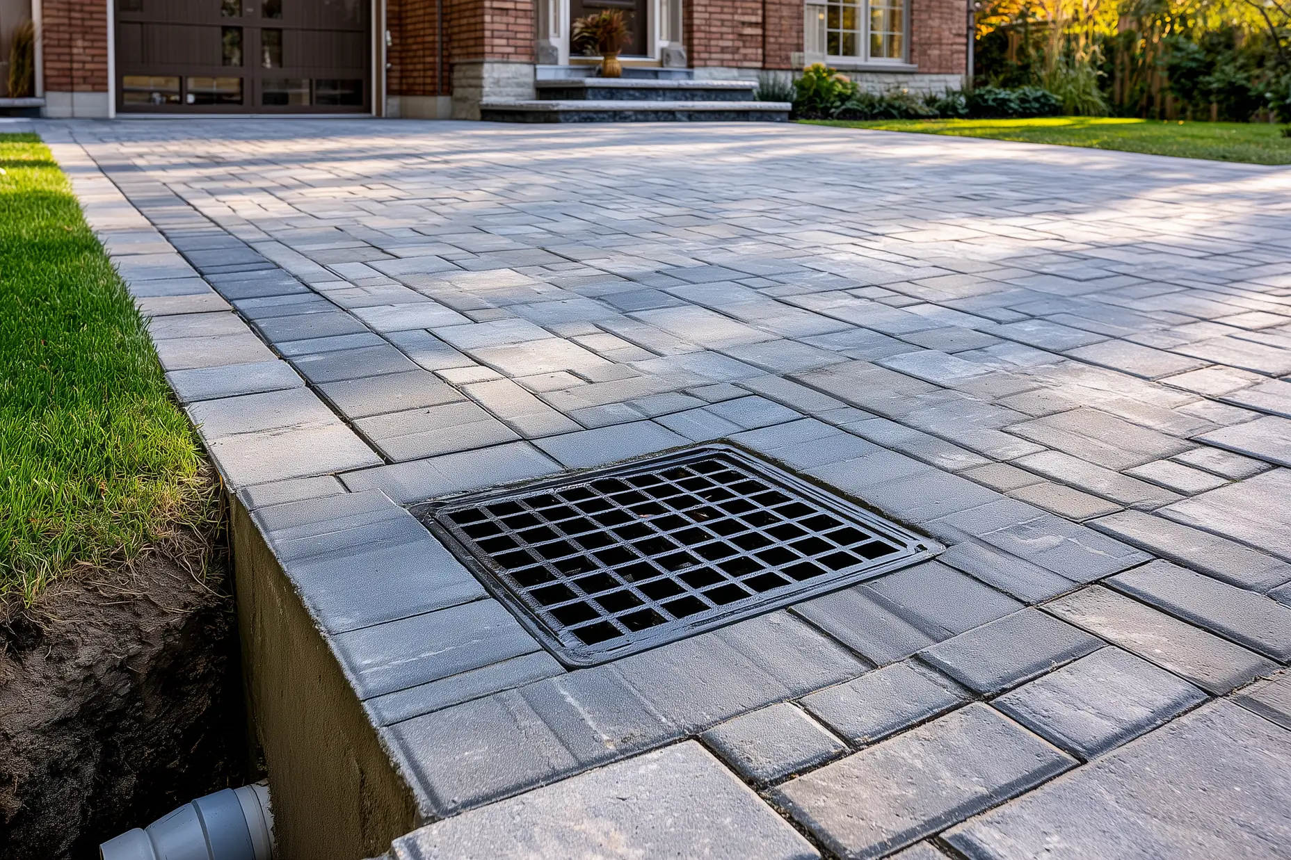 Cast iron catch basin grate set flush in an interlock paver driveway at the low point of a GTA suburban home
