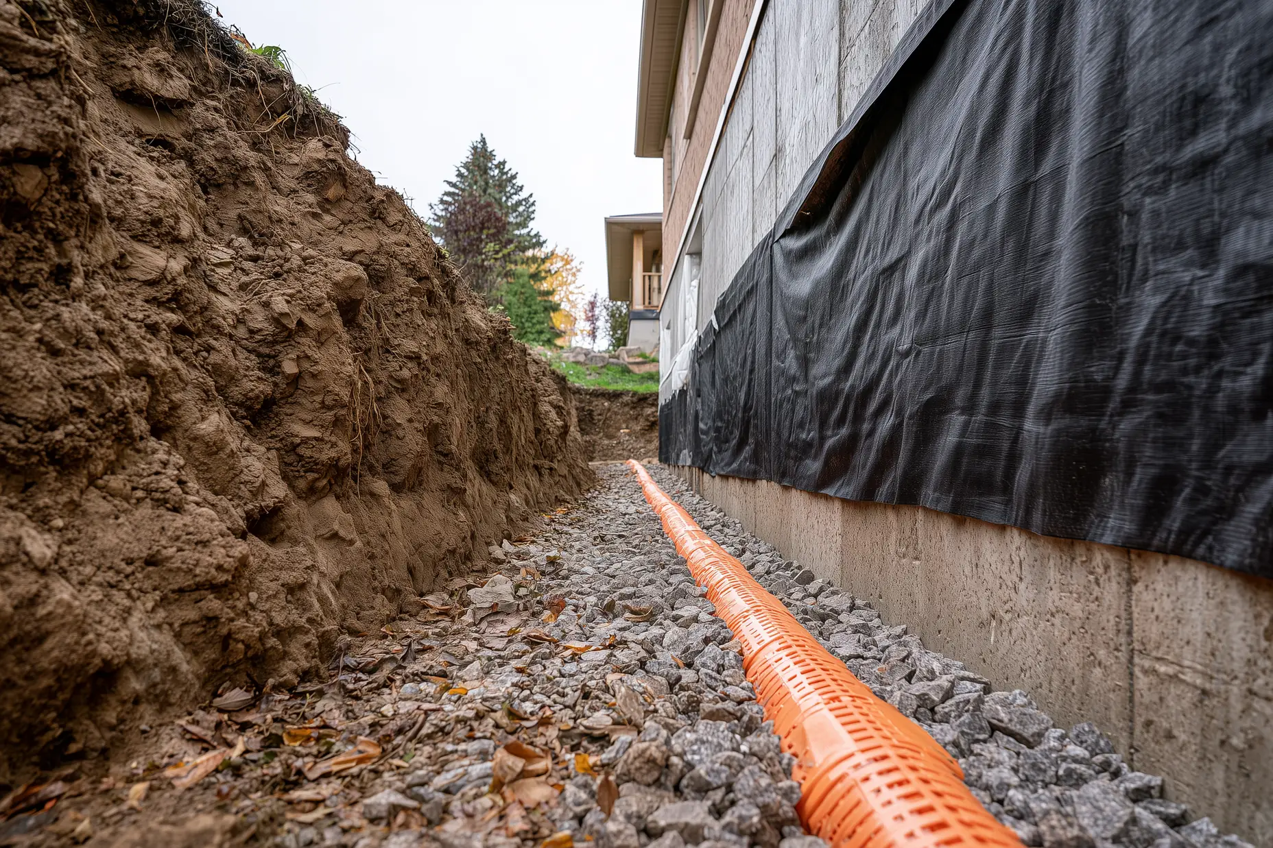 Open French drain trench in a GTA backyard. It's a perforated pipe in angular gravel with geotextile fabric along the walls
