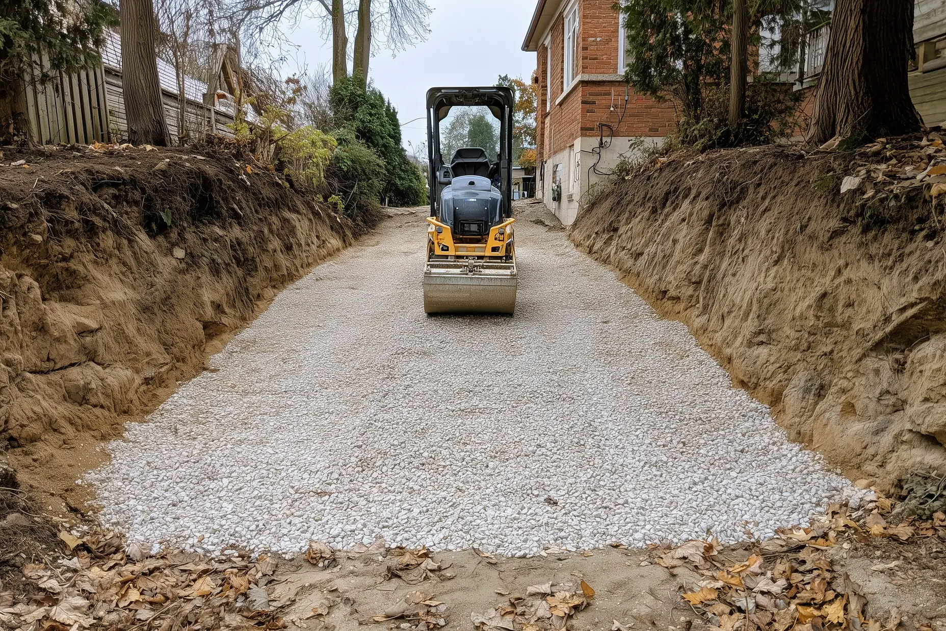 Plate compactor on a granular limestone base in a residential driveway excavation, clay soil walls visible on each side