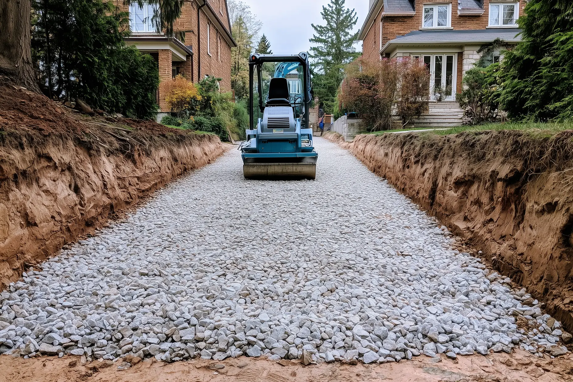 Plate compactor on a crushed limestone granular base layer inside an excavated GTA residential driveway trench