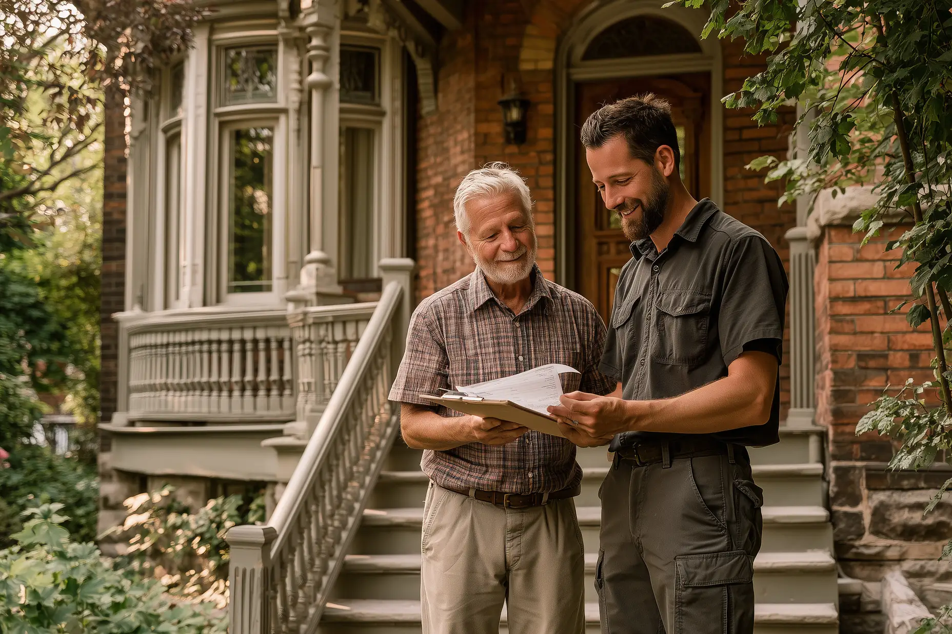 Homeowner and contractor reviewing a project estimate on a clipboard outside a brick home in Toronto