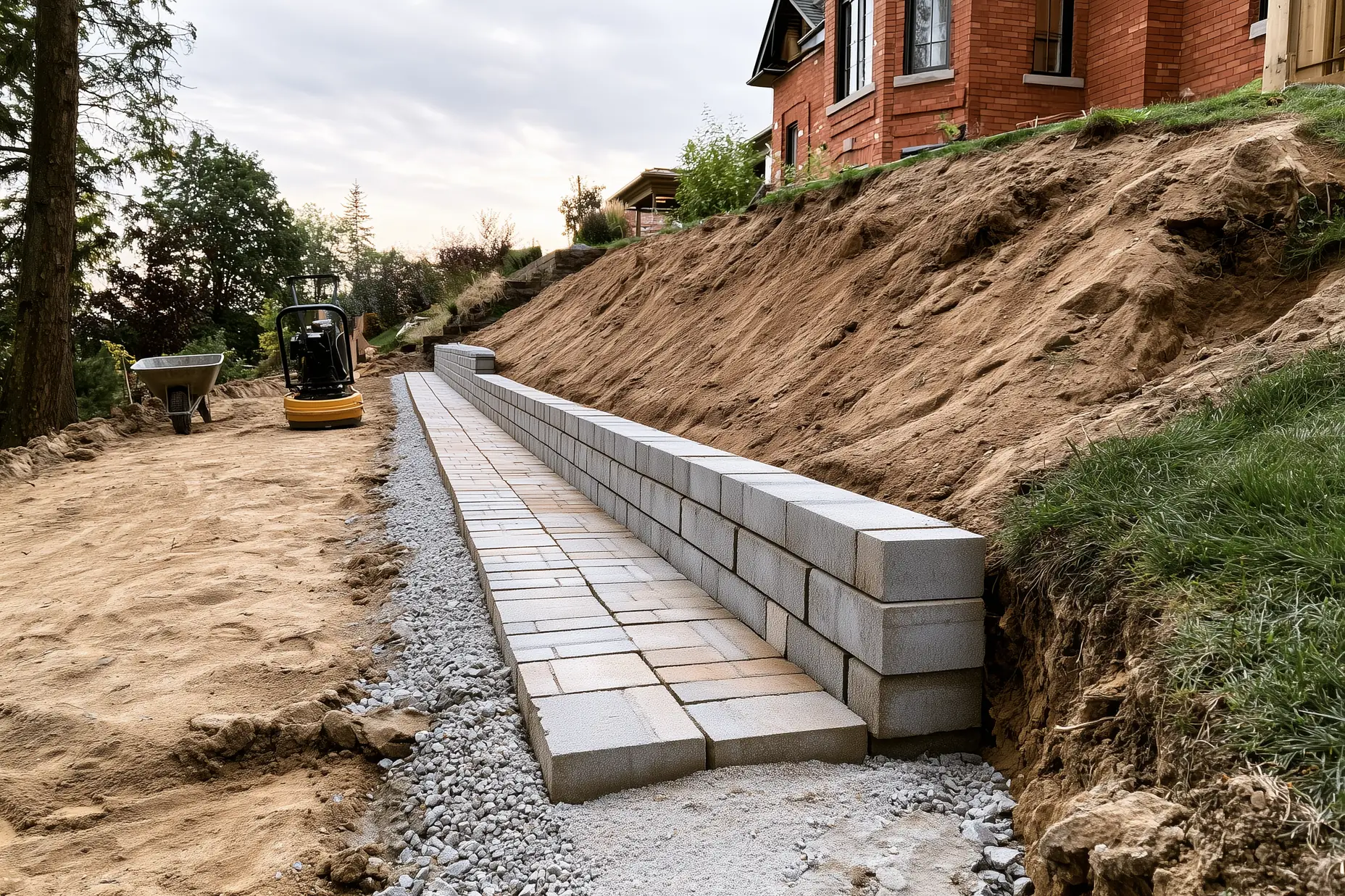 Retaining wall base course in a GTA backyard. Gravel drainage layer placed and first concrete blocks set on sloped terrain