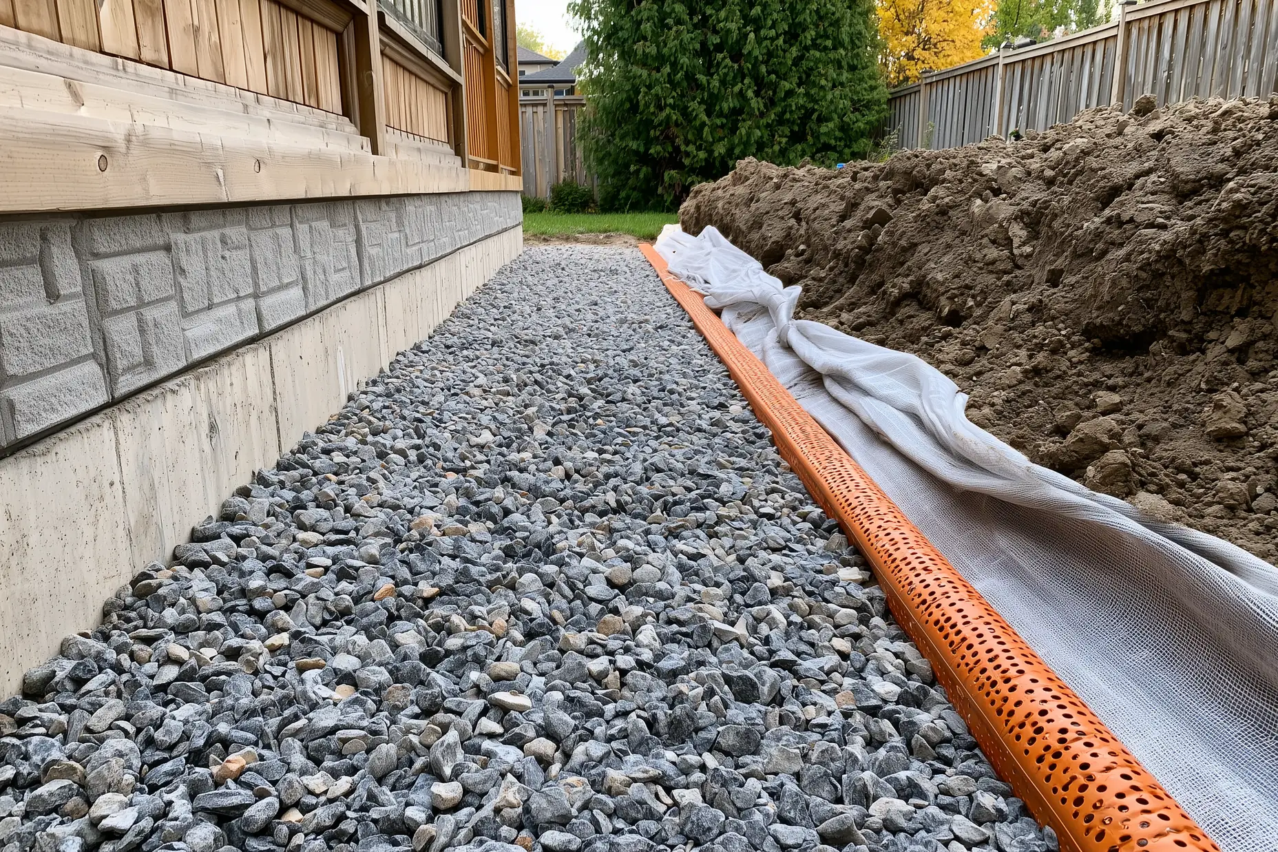 Gravel drainage layer and perforated weeping tile at the base of a retaining wall under construction in a GTA backyard