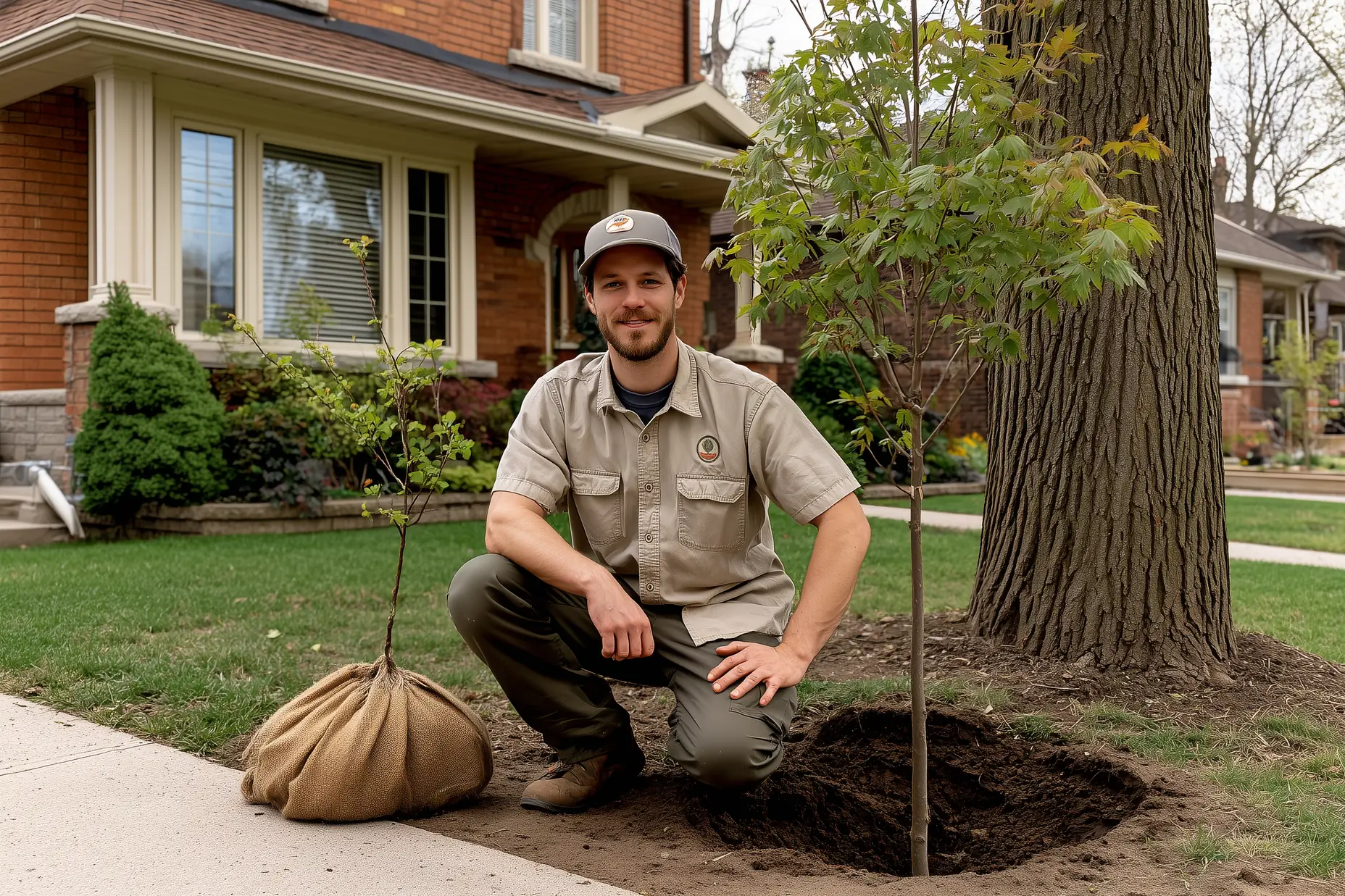 Landscaper planting a deciduous tree in a GTA frontyard, burlap root ball placed beside the hole