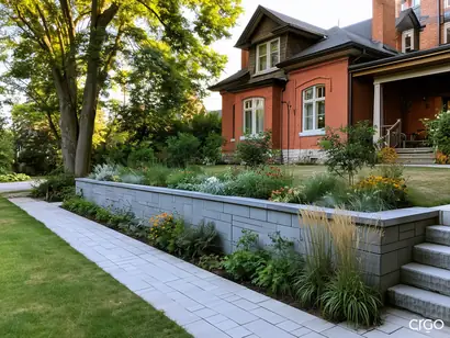 Finished concrete block retaining wall in a Toronto residential backyard