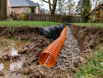 Perforated drainage pipe in a gravel-filled French drain trench in a GTA backyard