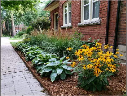 Mulched perennial garden bed with steel edging along a brick house foundation in Toronto
