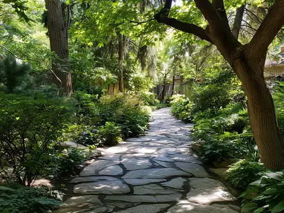 Natural flagstone path winding through a Toronto backyard with mature plantings