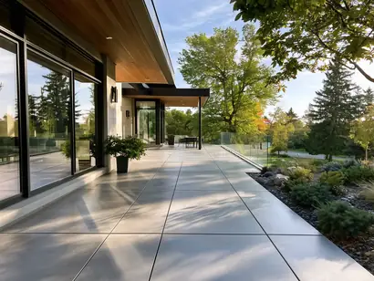 Contemporary large-format grey concrete slab patio with minimal joint lines at a modern GTA home
