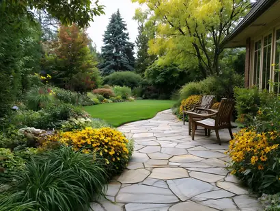 Natural flagstone patio with irregular limestone pieces set in bedding sand at an Ontario residential backyard