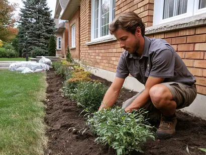Landscaper placing perennial plants in a freshly prepared garden bed along a brick house foundation in Richmond Hill