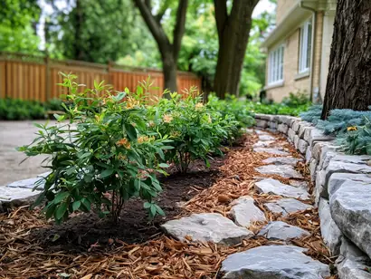 Raised garden bed with natural stone border edging and fresh mulch in Richmond Hill