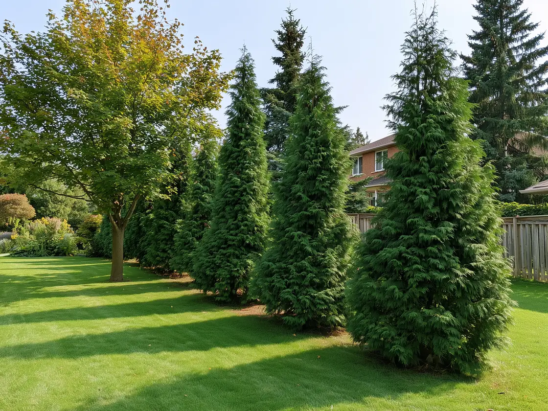 Tall columnar cedar trees planted in a row along a property line in a GTA suburban backyard