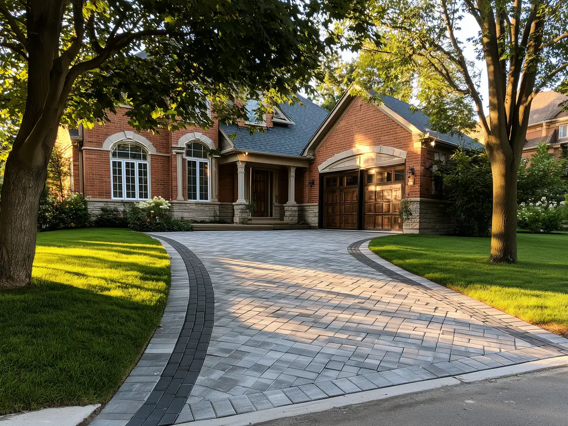 Completed interlock driveway and front walkway at a suburban brick home in Richmond Hill, GTA